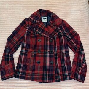 American Eagle Red Plaid Peacoat - Size X-Small